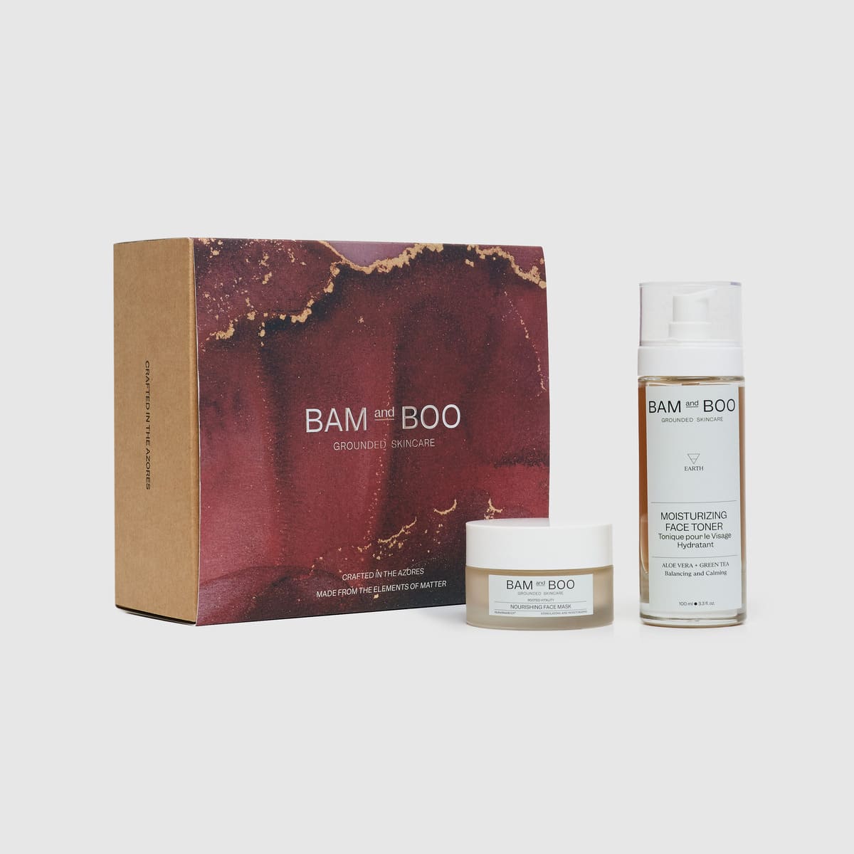 Nourishing Face Mask + Moisturizing Face Toner - Jar and Bottle Front Shot and Gift Box - Christmas Holiday Gift Sets - BAMandBOO Grounded Skincare Azores